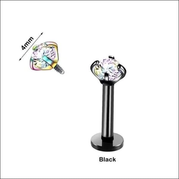 RVS Labret Piercing met Ronde Zirkonia 6x1.2mm - Helix Tragus Stud - Zwart / 5mm / AB Transparant - 