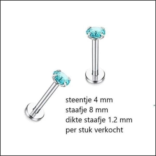 Elegante Zirkonia Labret Piercing &acirc;&euro;&ldquo; 8mmx1.2mm - Zilverkleurig / Aqua Blauw / 4mm 