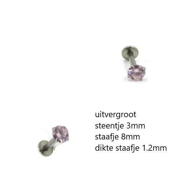 Elegante Zirkonia Labret Piercing &acirc;&euro;&ldquo; 8mmx1.2mm - Zilverkleurig / Paars / 3mm - Her