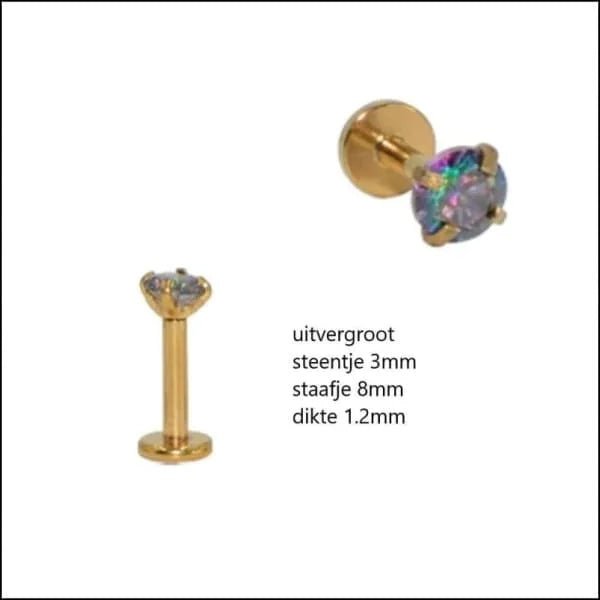 Elegante Zirkonia Labret Piercing &acirc;&euro;&ldquo; 8mmx1.2mm - Zilverkleurig / Multikleurig / 3m