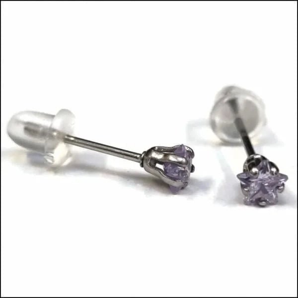 RVS Zweerknopjes Ster met Zirkonia  - Sterretjes Oorstekers - Zilverkleurig / Lila / 4mm -