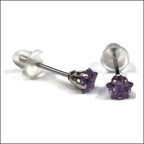 RVS Zweerknopjes Ster met Zirkonia  - Sterretjes Oorstekers - Zilverkleurig / Paars / 4mm -