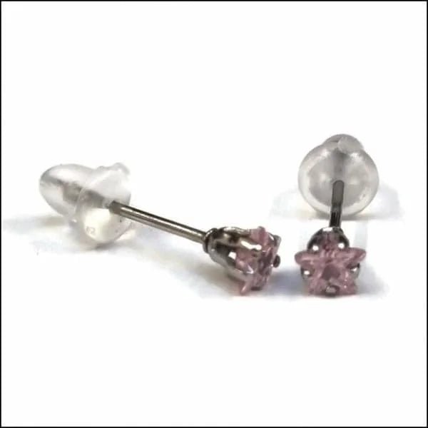 RVS Zweerknopjes Ster met Zirkonia  - Sterretjes Oorstekers - Zilverkleurig / Roze / 4mm -