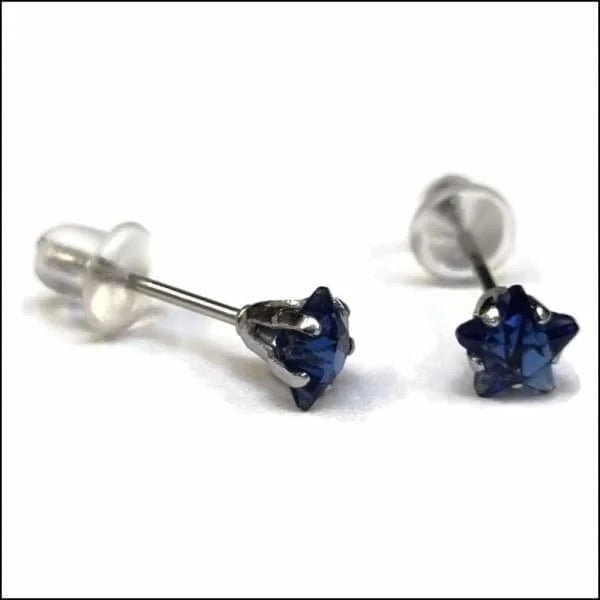 RVS Zweerknopjes Ster met Zirkonia  - Sterretjes Oorstekers - Zilverkleurig / Donker Blauw / 5mm -