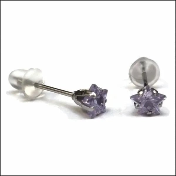 RVS Zweerknopjes Ster met Zirkonia  - Sterretjes Oorstekers - Zilverkleurig / Lila / 5mm -