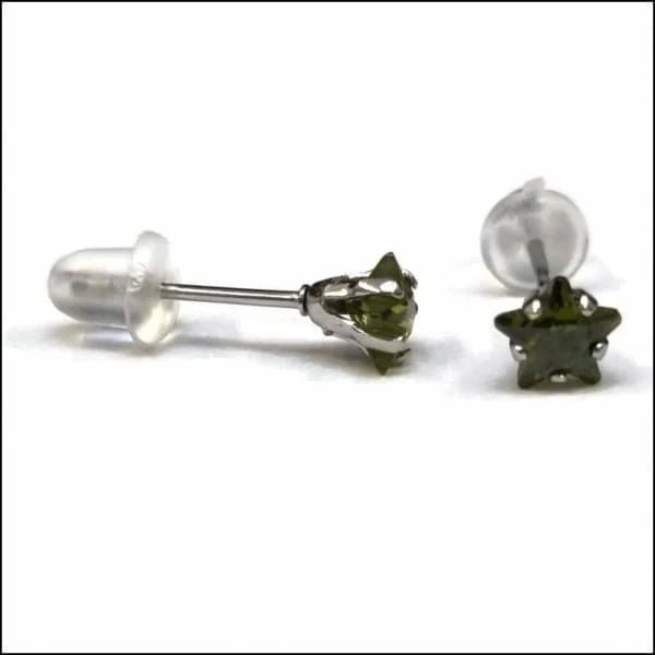 RVS Zweerknopjes Ster met Zirkonia  - Sterretjes Oorstekers - Zilverkleurig / Olijf Groen / 5mm -