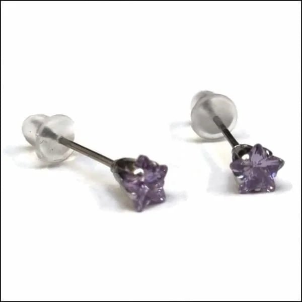 RVS Zweerknopjes Ster met Zirkonia  - Sterretjes Oorstekers - Zilverkleurig / Paars / 5mm -