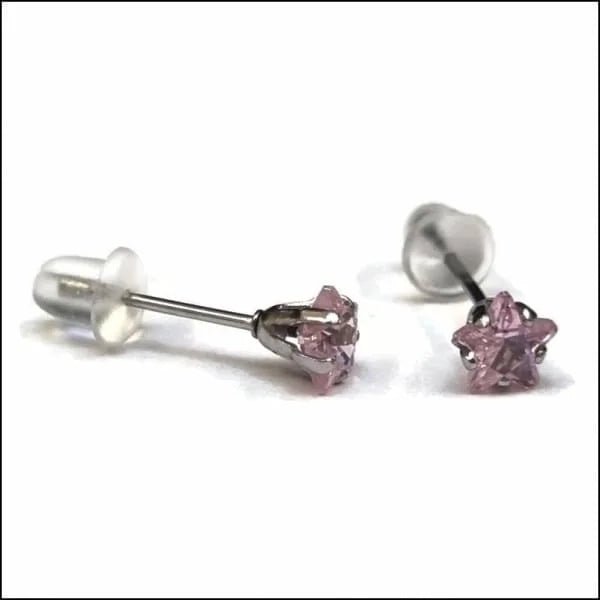 RVS Zweerknopjes Ster met Zirkonia  - Sterretjes Oorstekers - Zilverkleurig / Roze / 5mm -