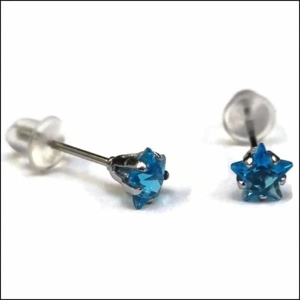 RVS Zweerknopjes Ster met Zirkonia  - Sterretjes Oorstekers - Zilverkleurig / Aqua Blauw / 5mm -
