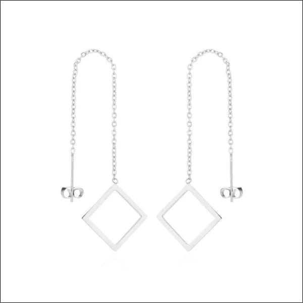 RVS Ruit Doortrek Oorbellen met Kettinkje - Geometrische Hangers - Zilverkleurig -