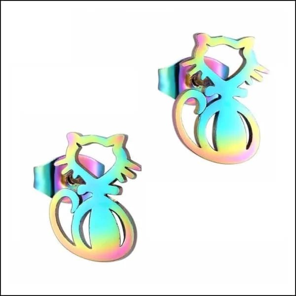 RVS Katten Oorbellen Diverse Kleuren - Schattige Poes Oorstekers - Kat Multi kleur 10x7mm / Staal -