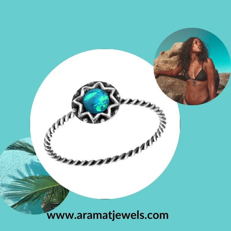 Zilveren Dames Ring met Blauwe Opaal - Maat 8 -