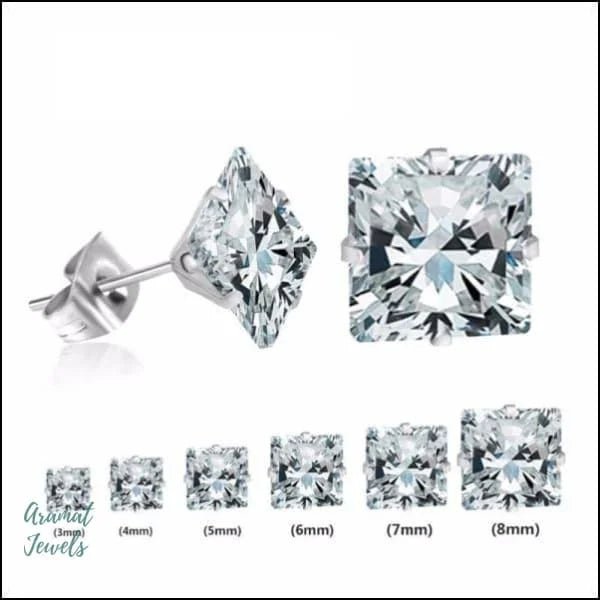 RVS Vierkante Zirkonia Oorbellen  - Tijdloze Oorstekers - Zilverkleurig / Roze / 5mm -