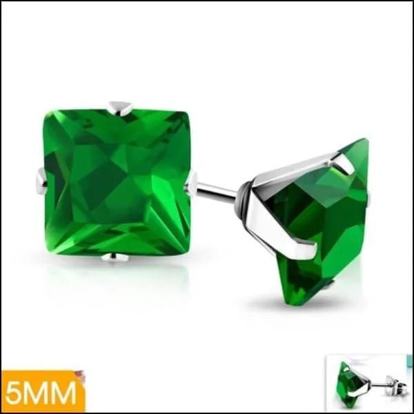 RVS Vierkante Zirkonia Oorbellen  - Tijdloze Oorstekers - Zilverkleurig / Groen / 5mm -