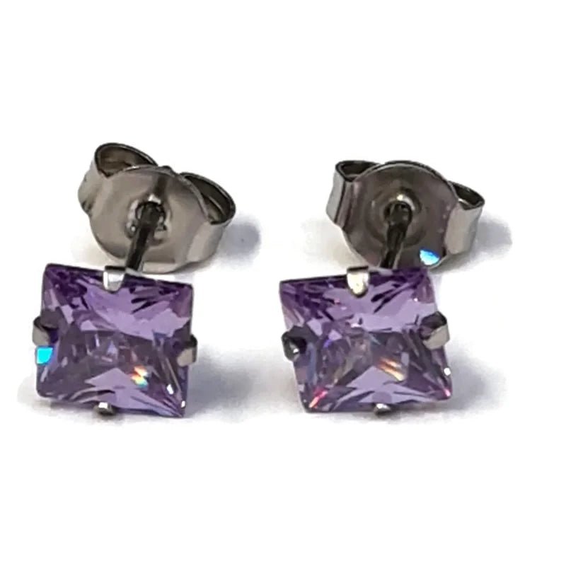 RVS Vierkante Zirkonia Oorbellen  - Tijdloze Oorstekers - Zilverkleurig / Lila / 6mm -