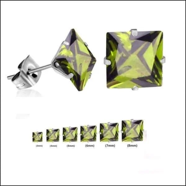 RVS Vierkante Zirkonia Oorbellen  - Tijdloze Oorstekers - Zilverkleurig / Olijf Groen / 5mm -