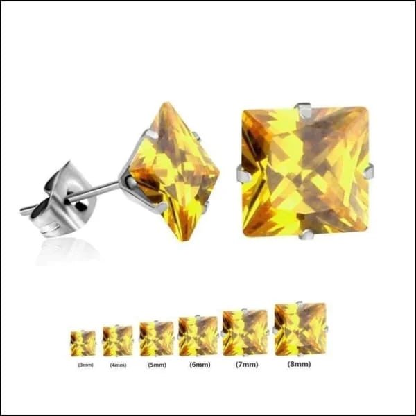 RVS Vierkante Zirkonia Oorbellen  - Tijdloze Oorstekers - Zilverkleurig / Geel / 8mm -