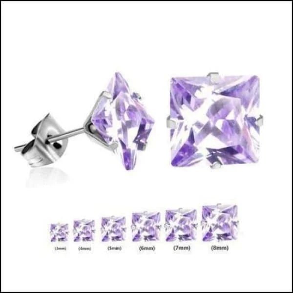 RVS Vierkante Zirkonia Oorbellen  - Tijdloze Oorstekers - Zilverkleurig / Lila / 7mm -