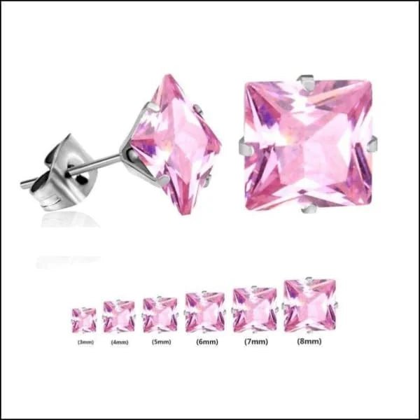 RVS Vierkante Zirkonia Oorbellen  - Tijdloze Oorstekers - Zilverkleurig / Roze / 7mm -