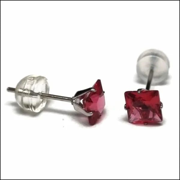 RVS Vierkante Zirkonia Oorbellen  - Tijdloze Oorstekers - Zilverkleurig / Fuchsia Roze / 5mm -