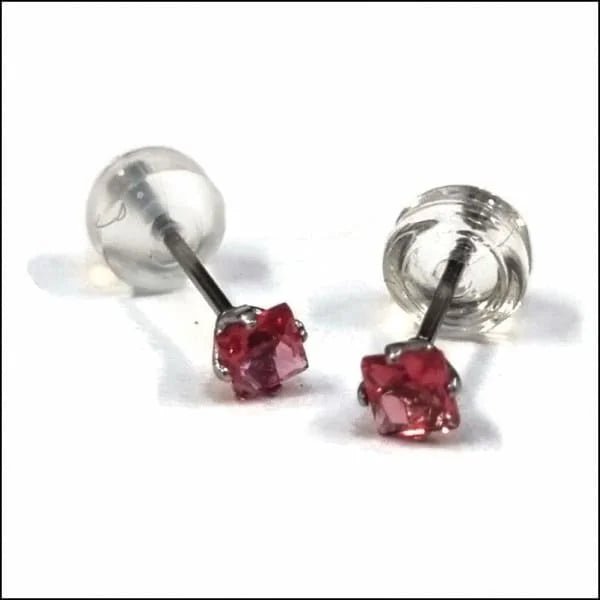 RVS Vierkante Zirkonia Oorbellen  - Tijdloze Oorstekers - Zilverkleurig / Fuchsia Roze / 3mm -