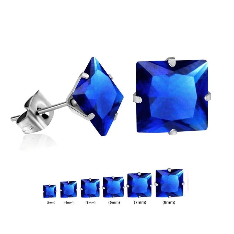 RVS Vierkante Zirkonia Oorbellen  - Tijdloze Oorstekers - Zilverkleurig / Donker Blauw / 3mm -