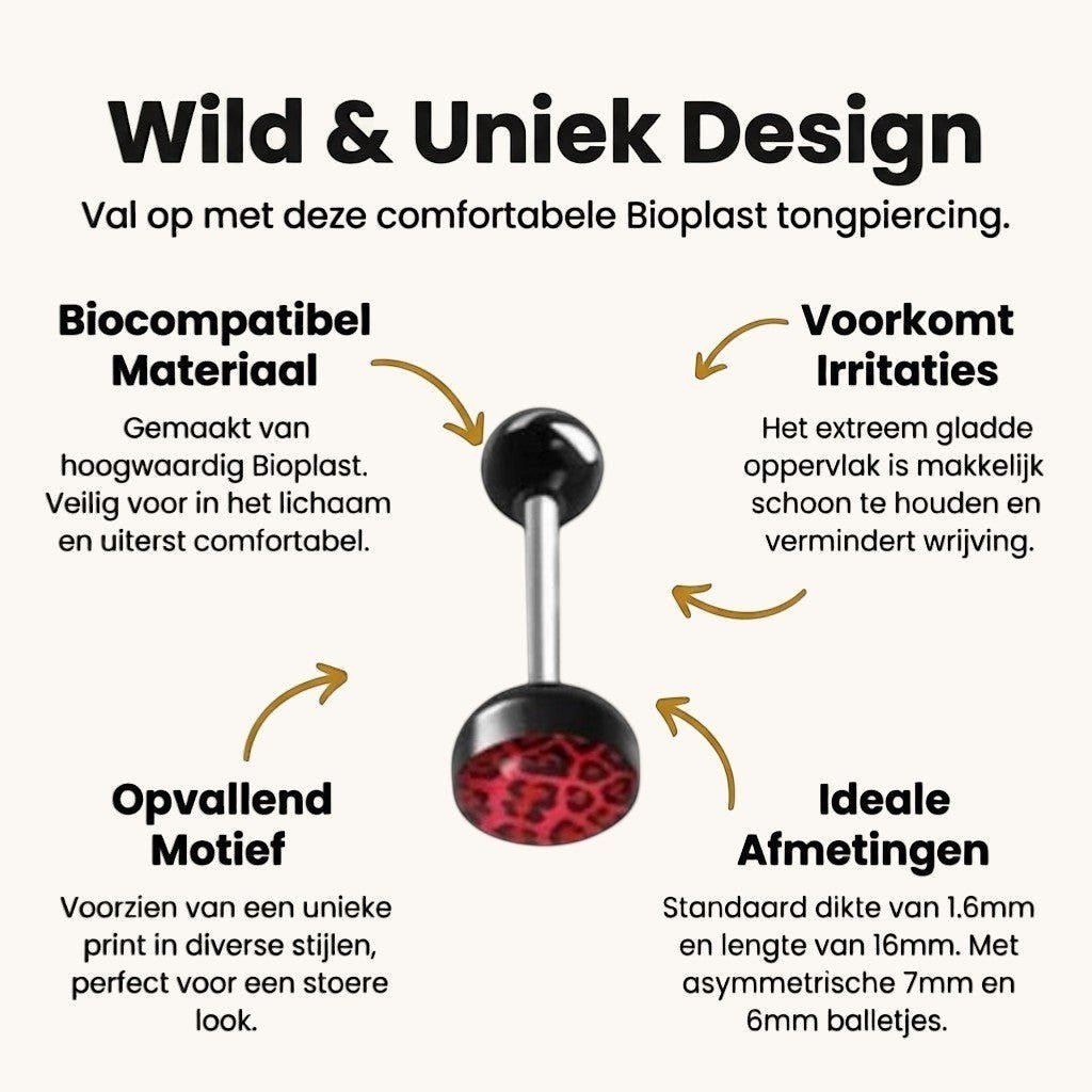 Stalen Tongpiercing Dierenprint - Luipaard-print-Rood -