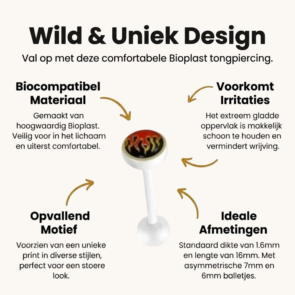Uniek Witte Tongpiercing met Prachtig Logo - Vlammen -