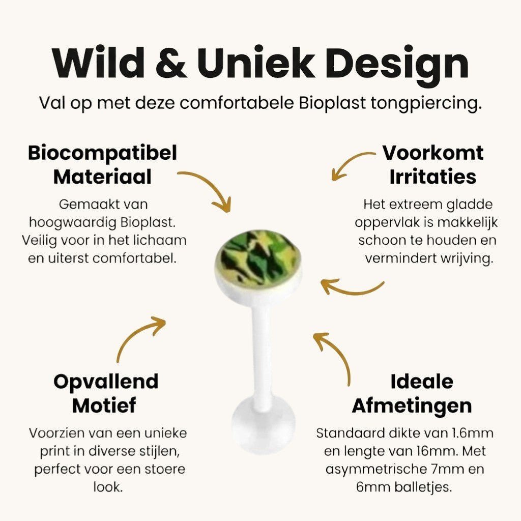 Uniek Witte Tongpiercing met Prachtig Logo - Camouflage-Groen -
