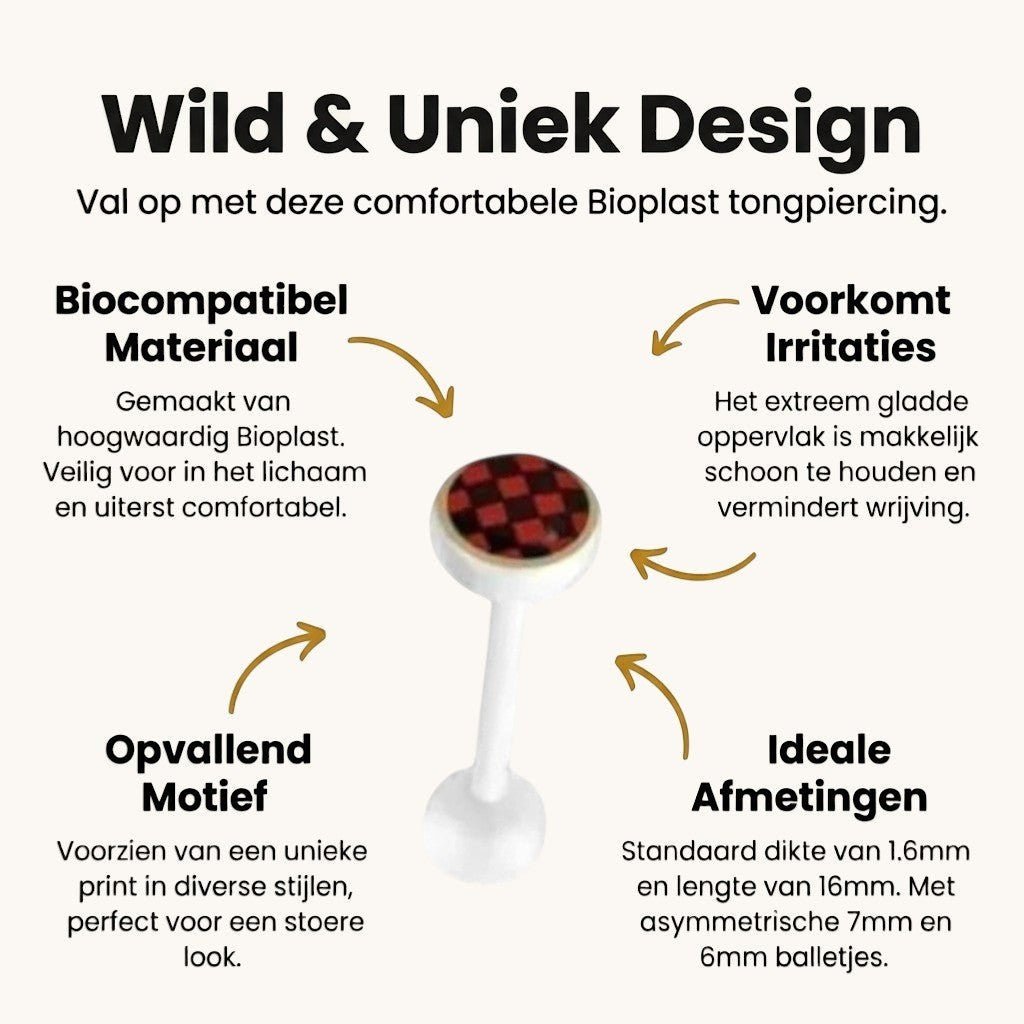 Uniek Witte Tongpiercing met Prachtig Logo - Geruit-Zwart-Rood -