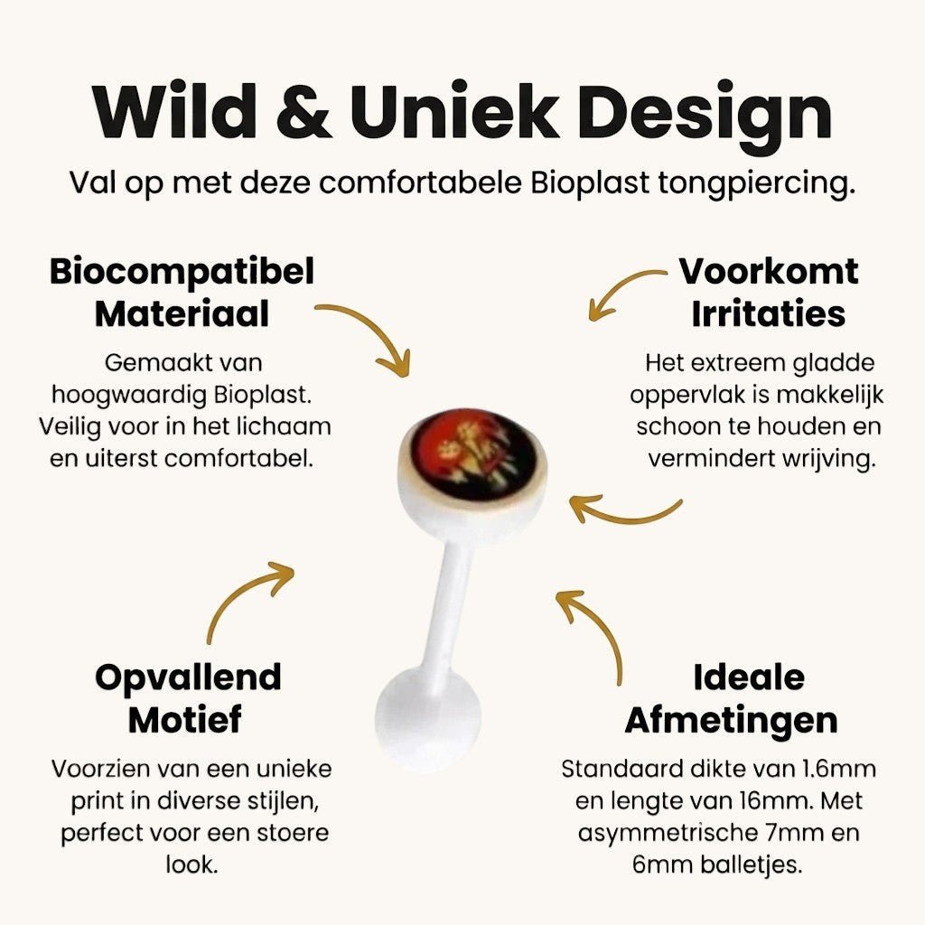 Uniek Witte Tongpiercing met Prachtig Logo - Vlammen-Dobbelsteentjes -