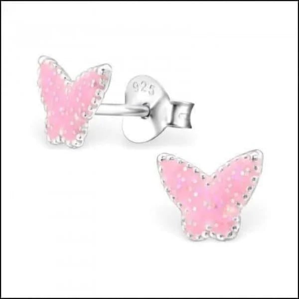 925 Zilveren Vlinder Oorbellen 8mm Kinderen - Vlindertjes Oorstekers - Roze glitter-7x6mm -