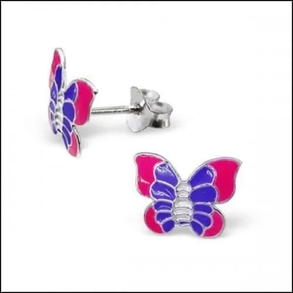 925 Zilveren Vlinder Oorbellen 8mm Kinderen - Vlindertjes Oorstekers - Paars/Roze-11x9mm -