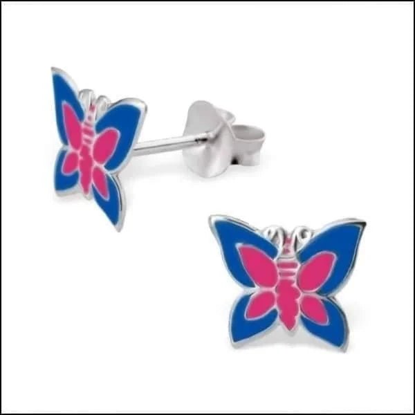 925 Zilveren Vlinder Oorbellen 8mm Kinderen - Vlindertjes Oorstekers - Roze/Blauw-9x8mm - Unisex