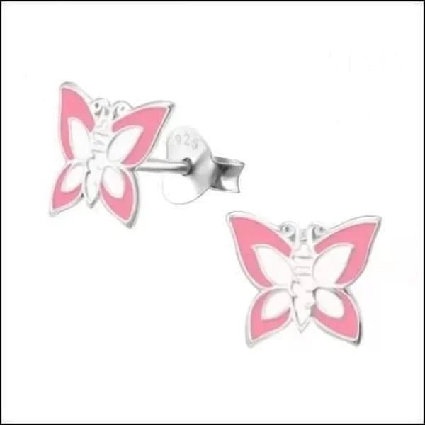 925 Zilveren Vlinder Oorbellen 8mm Kinderen - Vlindertjes Oorstekers - Roze/Wit-9x8mm -