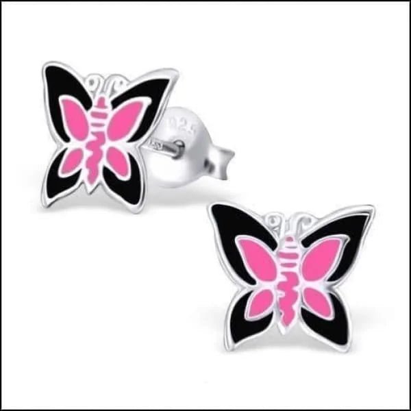 925 Zilveren Vlinder Oorbellen 8mm Kinderen - Vlindertjes Oorstekers - Zwart/Roze-9x8mm -