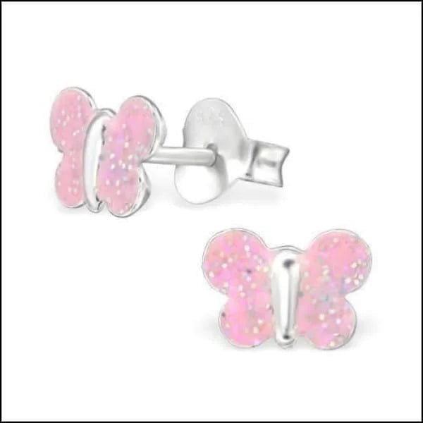 925 Zilveren Vlinder Oorbellen 8mm Kinderen - Vlindertjes Oorstekers - Roze glitter-8x5mm -