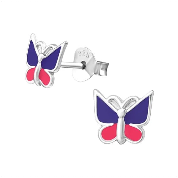 925 Zilveren Vlinder Oorbellen 8mm Kinderen - Vlindertjes Oorstekers - Roze/Blauw-7x6mm -