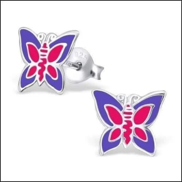 925 Zilveren Vlinder Oorbellen 8mm Kinderen - Vlindertjes Oorstekers - Paars/Donker Roze-9x8mm -