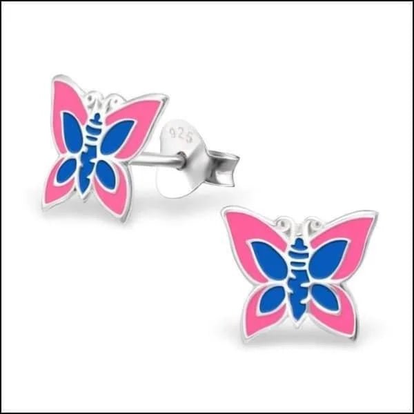 925 Zilveren Vlinder Oorbellen 8mm Kinderen - Vlindertjes Oorstekers - Roze/Donker Blauw-9x8mm -