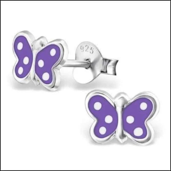 925 Zilveren Vlinder Oorbellen 8mm Kinderen - Vlindertjes Oorstekers - Paars Gestippeld-6x8mm -