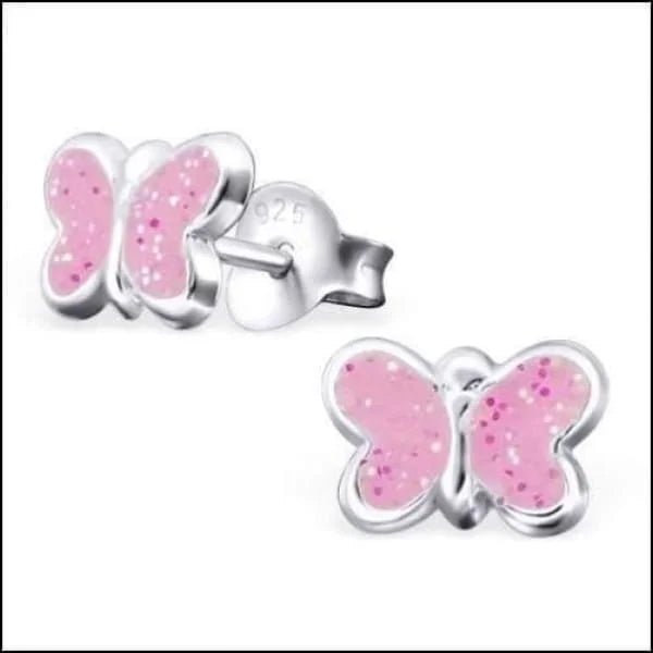 925 Zilveren Vlinder Oorbellen 8mm Kinderen - Vlindertjes Oorstekers - Roze Glitter-8x5mm -