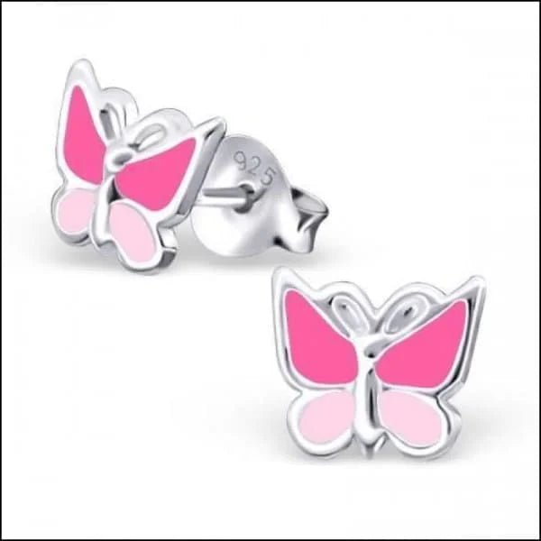 925 Zilveren Vlinder Oorbellen 8mm Kinderen - Vlindertjes Oorstekers - Donker Roze/Roze-8x7mm -