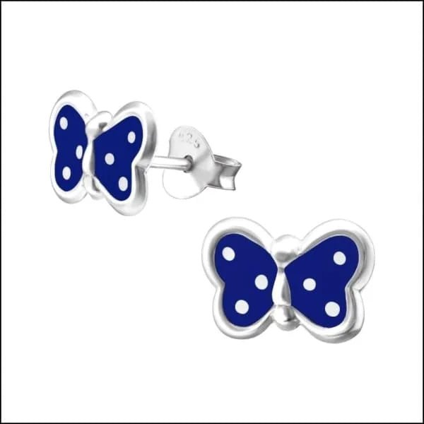 925 Zilveren Vlinder Oorbellen 8mm Kinderen - Vlindertjes Oorstekers - Donker Blauw Gestippeld-7x10m