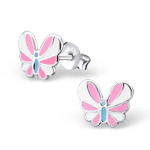 925 Zilveren Vlinder Oorbellen 8mm Kinderen - Vlindertjes Oorstekers - Wit/Roze/Blauw-9x8mm -