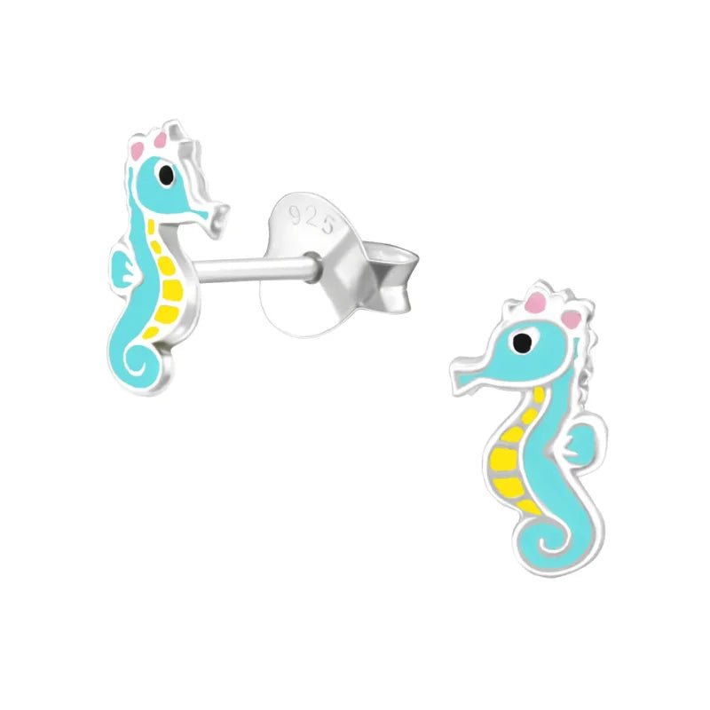 Zilveren Kinder Oorbellen Zeepaardje - Blauw - Geel - Roze - Zwart / 9 x 4 mm -