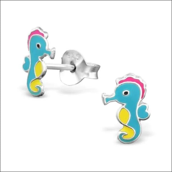 Zilveren Kinder Oorbellen Zeepaardje - Licht Roze - Donker Roze - Geel - Glitter / 6 x 9 mm -