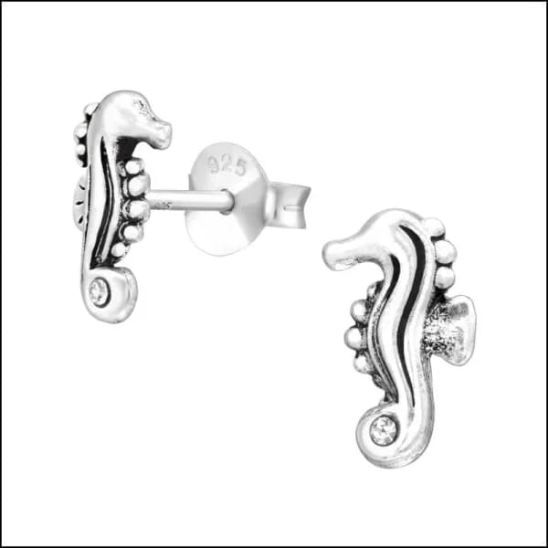 Zilveren Kinder Oorbellen Zeepaardje - Geoxideerd Transparant / 9 x 8 mm -