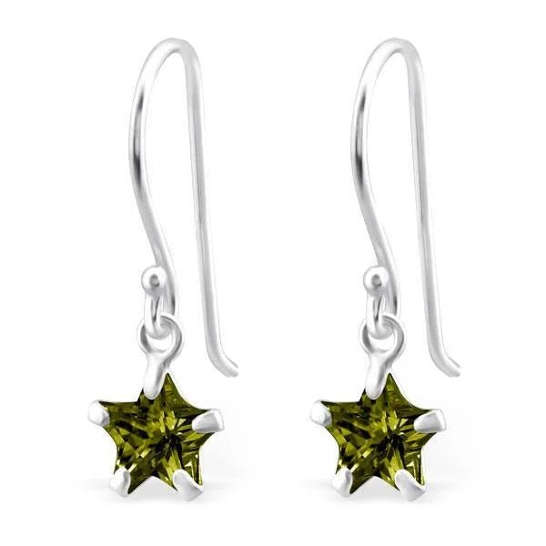 Zilveren Ster Oorhangers met Zirkonia - Licht Groen -