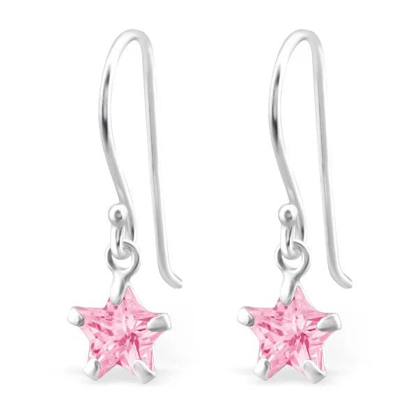 Zilveren Ster Oorhangers met Zirkonia - Roze -
